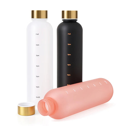 Motiverende Waterfles Met Tijdmarkeringen, Gouden Dop & Draagband