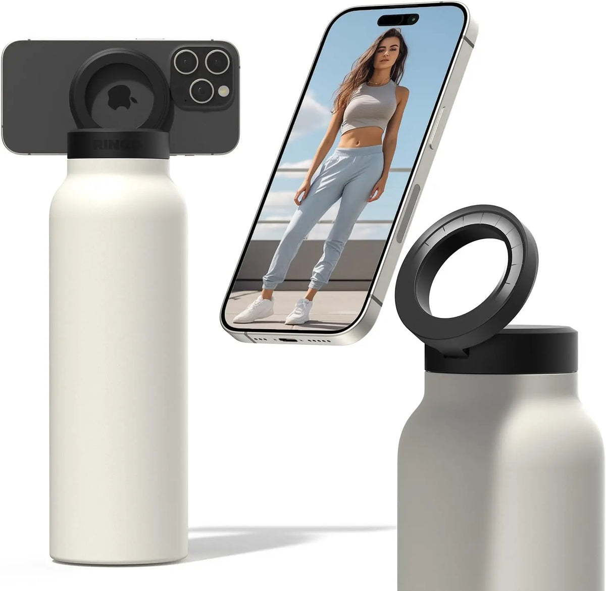 Geïsoleerde RVS Drinkfles Met Magnetische Telefoonhouder, Handsfree & Draaibaar